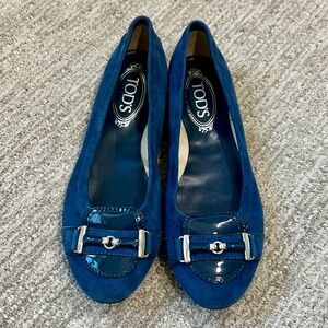 Tod’s Gommino Suede & Patent Flats w/ Horsebit – Blue – Size 7.5 Made in Italy